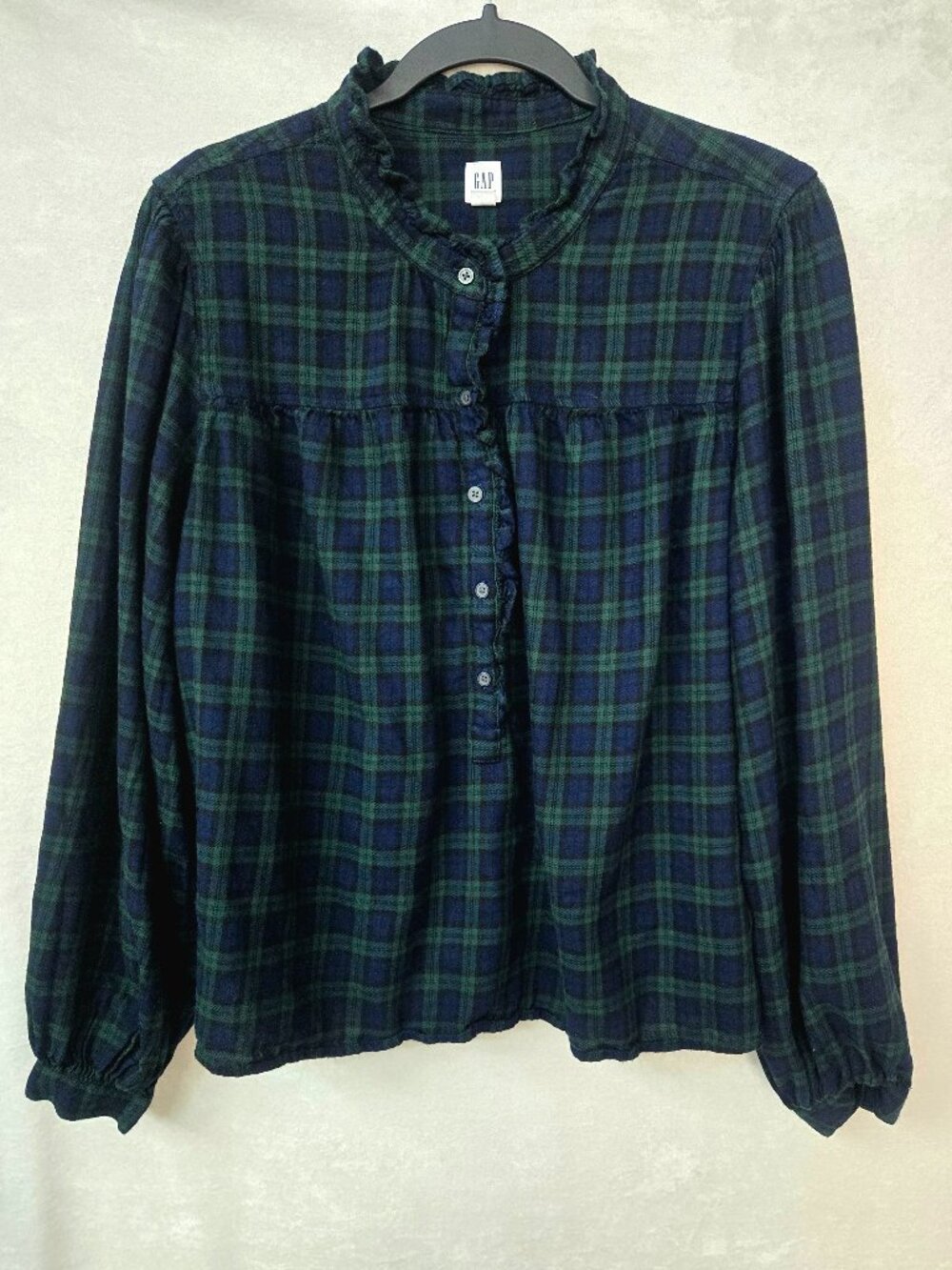 Gap Ruffle Blouse Plaid Oversized XL Green Blue Cottagecore Boho Preppy